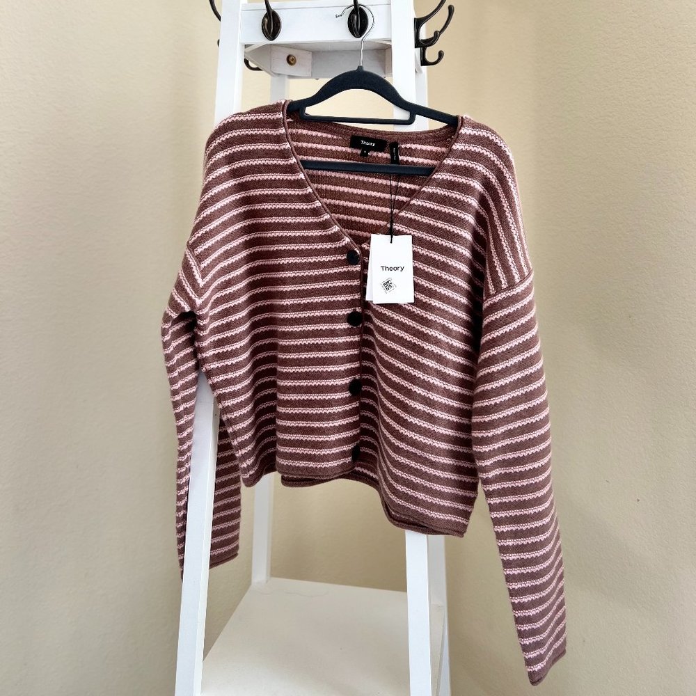 NWT Theory Beige Pink Stripe Box 100% Cashmere Cardigan Sweater, Size S